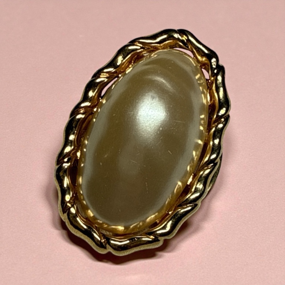 Vintage Oval Medallion Gold-Tone and Faux Pearl Scarf Clip -1 5/8” x 1”